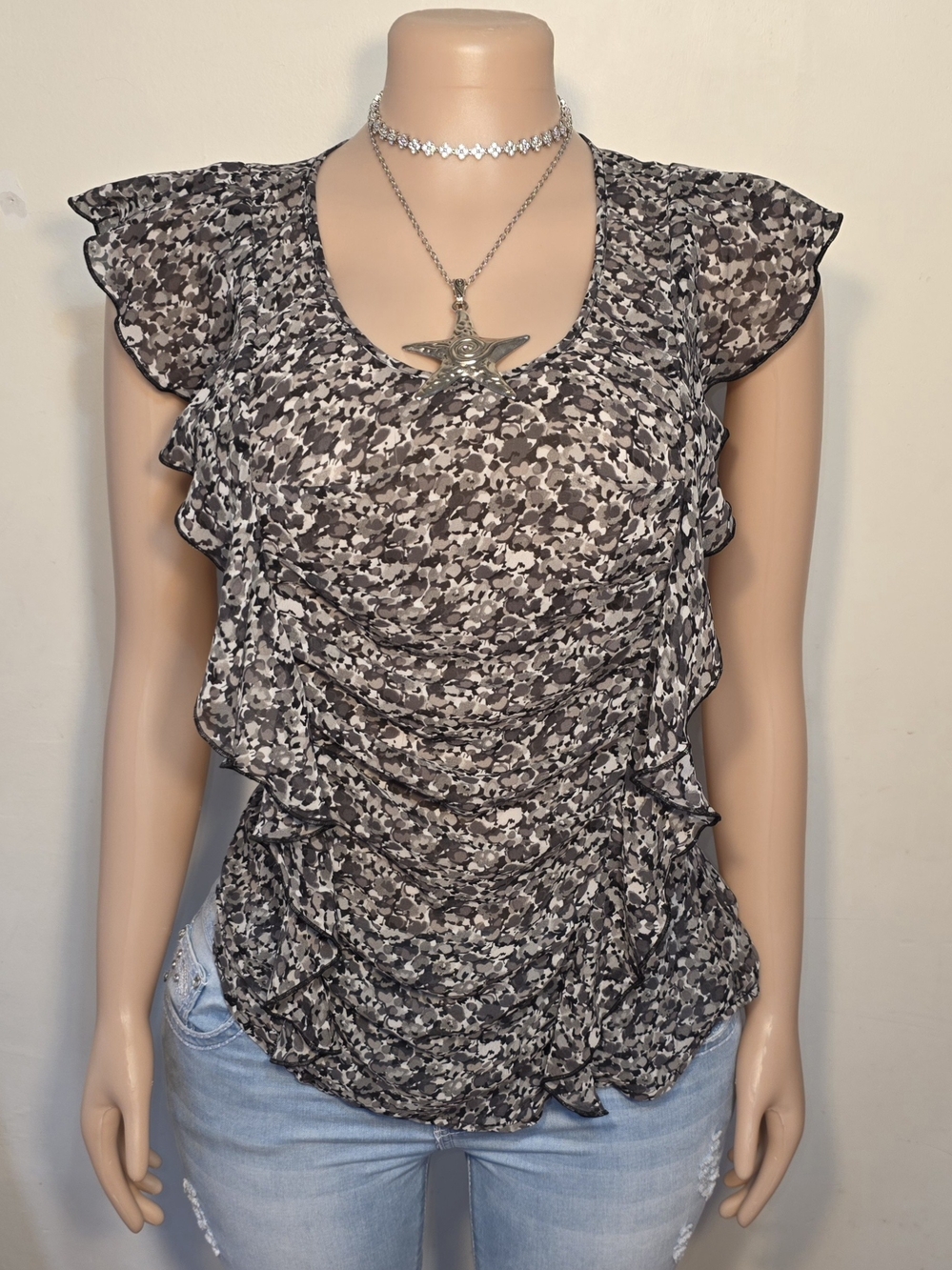 Express Black and White Printed Ruffle Sleeve Blouse
